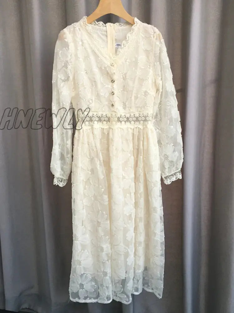 Hnewly New Spring Summer Women Elegant Embroidery Lace Long Dress Lady Fashion Slim High Waist