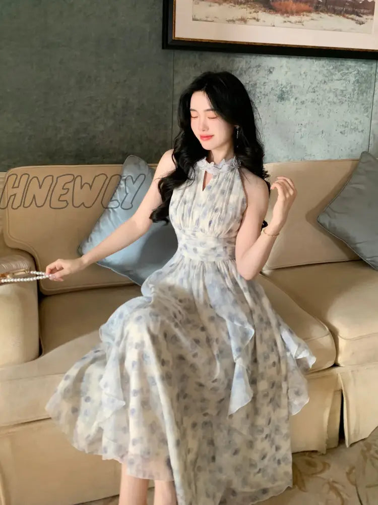 Hnewly New Strapless Sleeveless White Chiffon Long Dress Women French Retro Fairy Tale Princess
