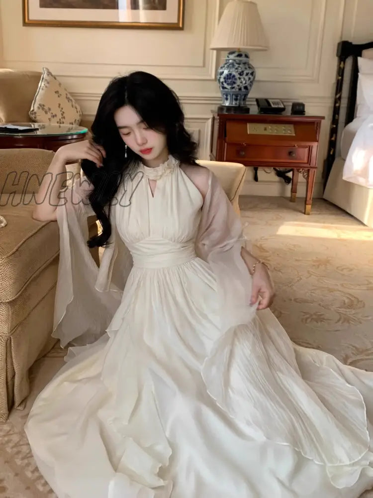 Hnewly New Strapless Sleeveless White Chiffon Long Dress Women French Retro Fairy Tale Princess