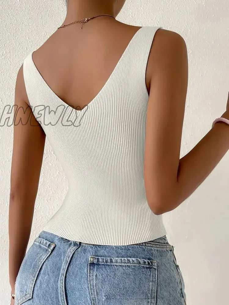 Hnewly New Summer Women Drawstring Front Ribbed Knit Tops Femme Sexy V Neck Sleeveless Crop Top