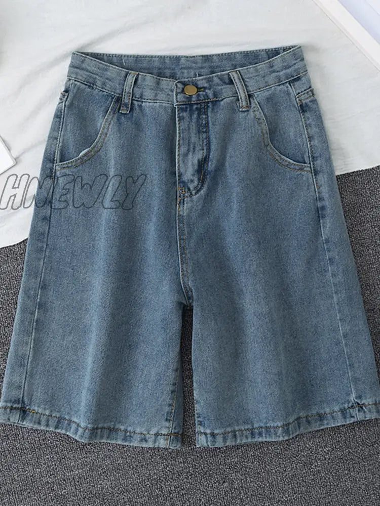 Hnewly New Summer Women High Waist Blue Wide Leg Denim Shorts Casual Female Solid Streetwear