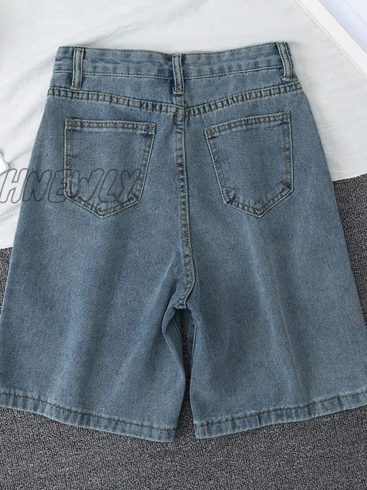 Hnewly New Summer Women High Waist Blue Wide Leg Denim Shorts Casual Female Solid Streetwear