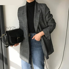 Hnewly New Winter Spring Women’s Blazers Plaid Double Breasted Pockets Formal Jackets Checkered