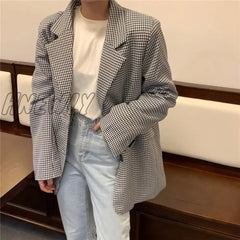 Hnewly New Winter Spring Women’s Blazers Plaid Double Breasted Pockets Formal Jackets Checkered