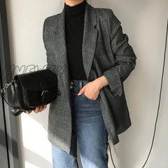 Hnewly New Winter Spring Women’s Blazers Plaid Double Breasted Pockets Formal Jackets Checkered