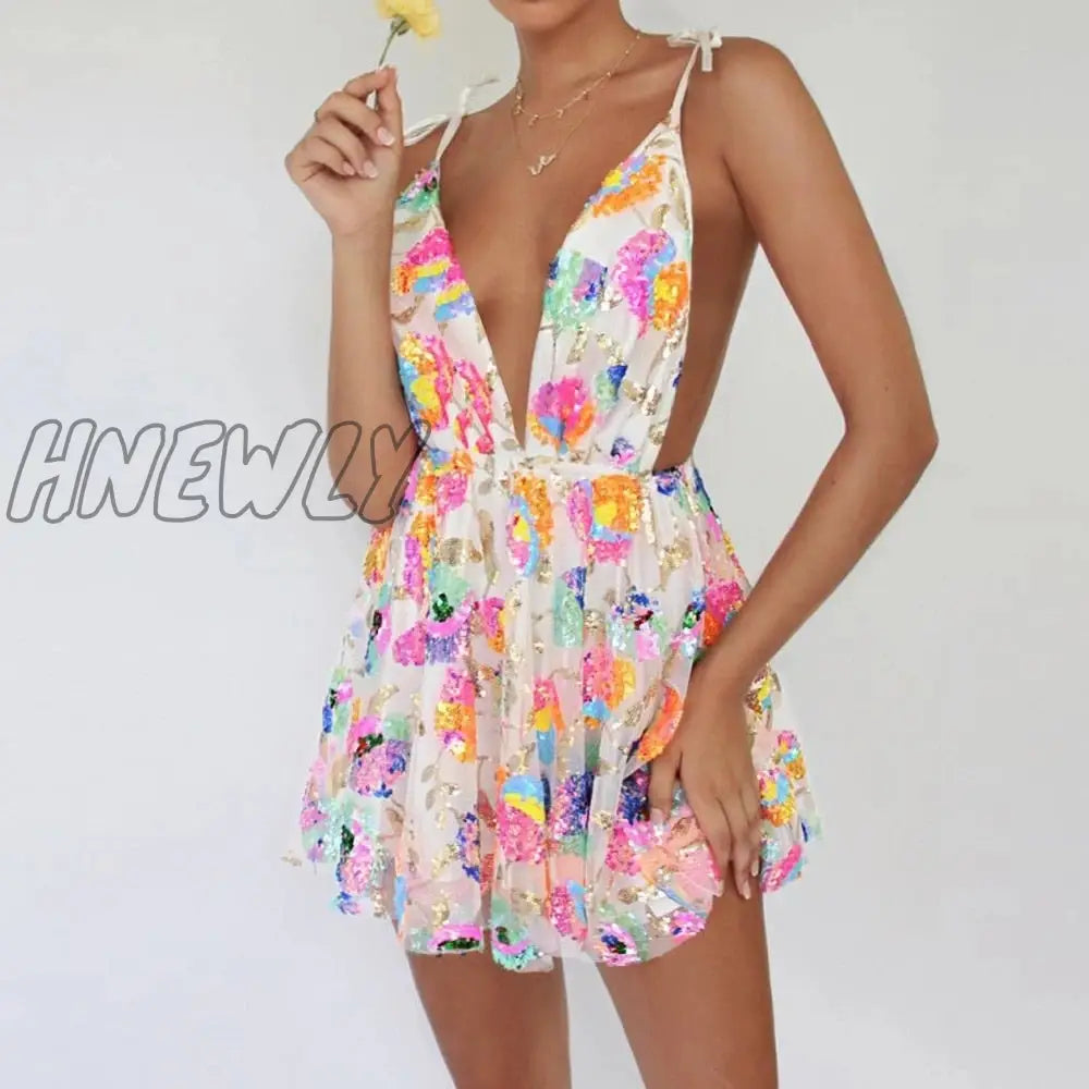 Hnewly New Women Backless Elegant Dress Sleeveless Deep V Neck High-Waist Sequined Casual Street