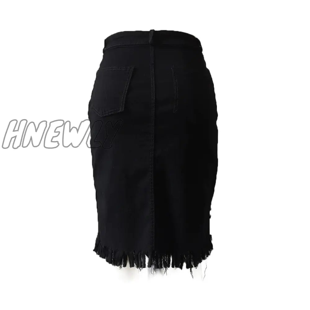 Hnewly New Women Hole Denim Skirt Single-Breasted Brushed Decoration Irregular Hem Summer Clothing