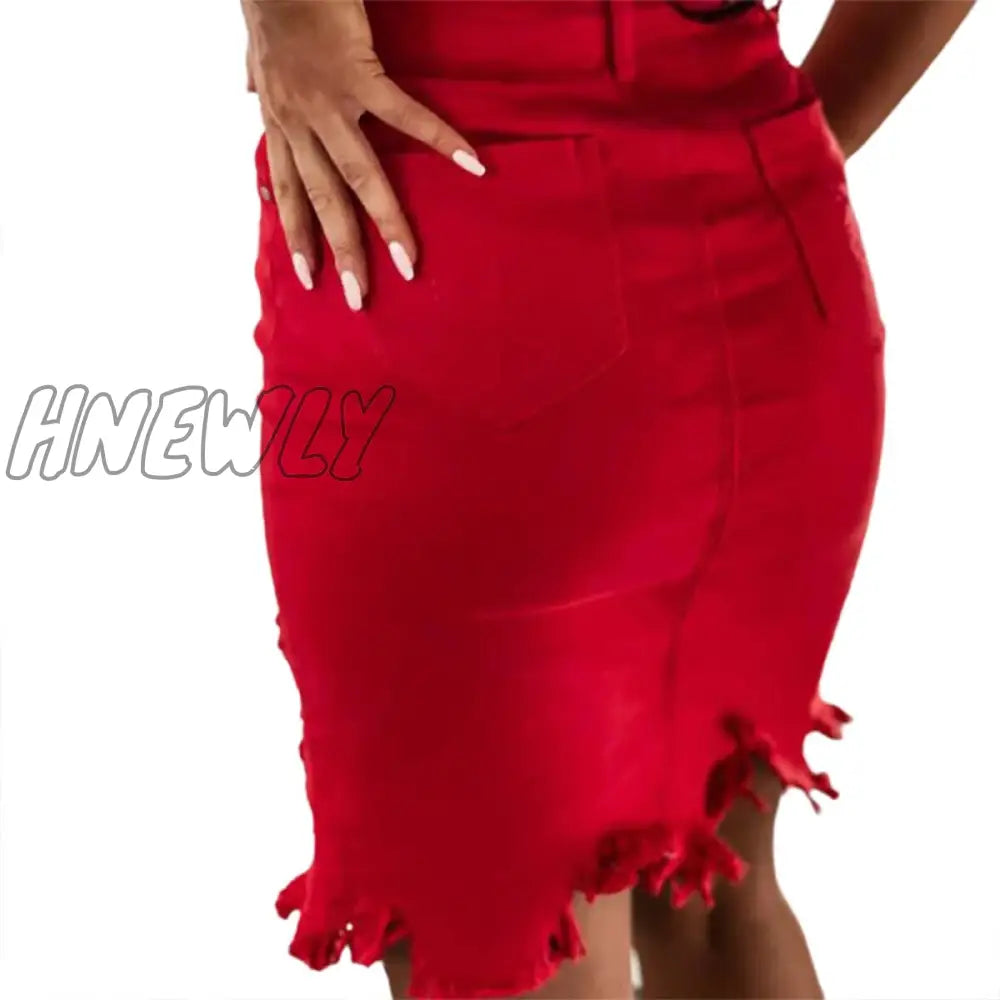 Hnewly New Women Hole Denim Skirt Single-Breasted Brushed Decoration Irregular Hem Summer Clothing