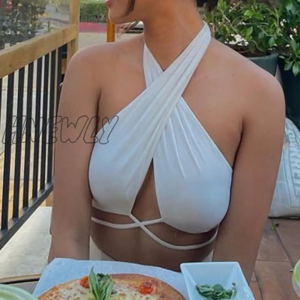 Hnewly New Women Sexy Cross Halter Tank Tops Y2K Fashion Off-The-Shoulder Tie Up Crop Club Party