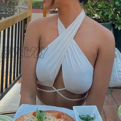 Hnewly New Women Sexy Cross Halter Tank Tops Y2K Fashion Off-The-Shoulder Tie Up Crop Club Party