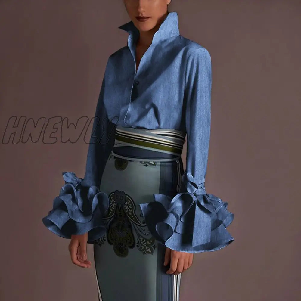 Hnewly New Women Shirts Spring Summer Sexy Turn - Down Collar Flare Sleeve Party Tops Office Shirt
