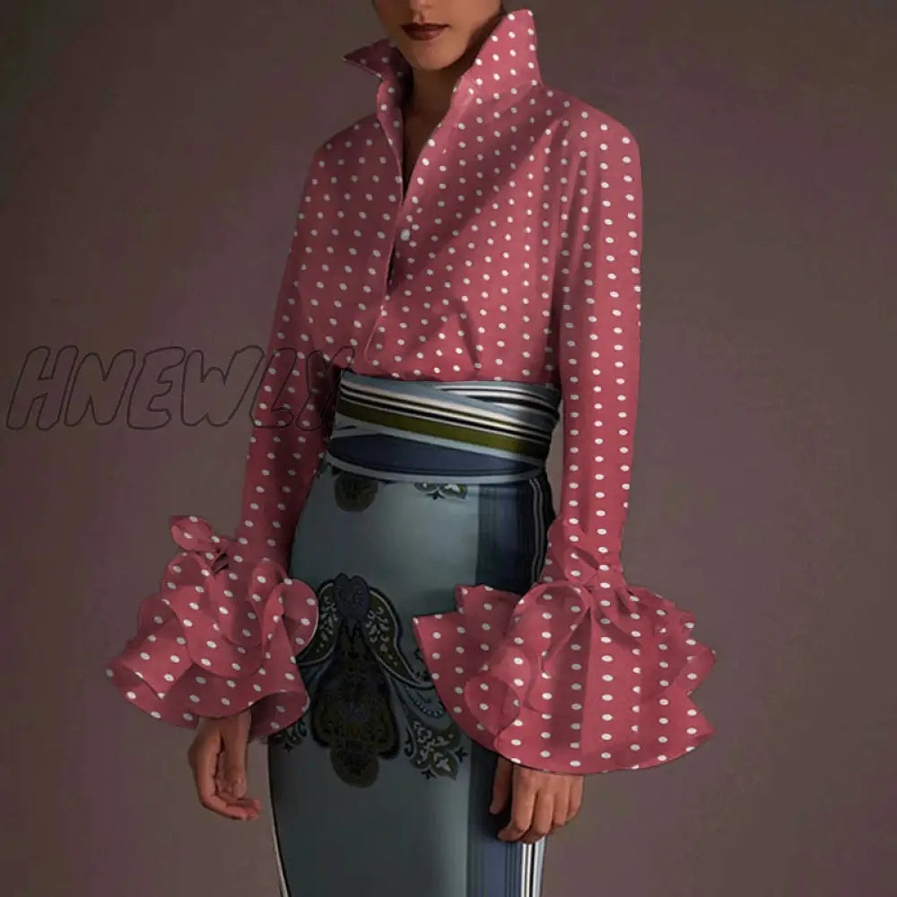 Hnewly New Women Shirts Spring Summer Sexy Turn - Down Collar Flare Sleeve Party Tops Office Shirt