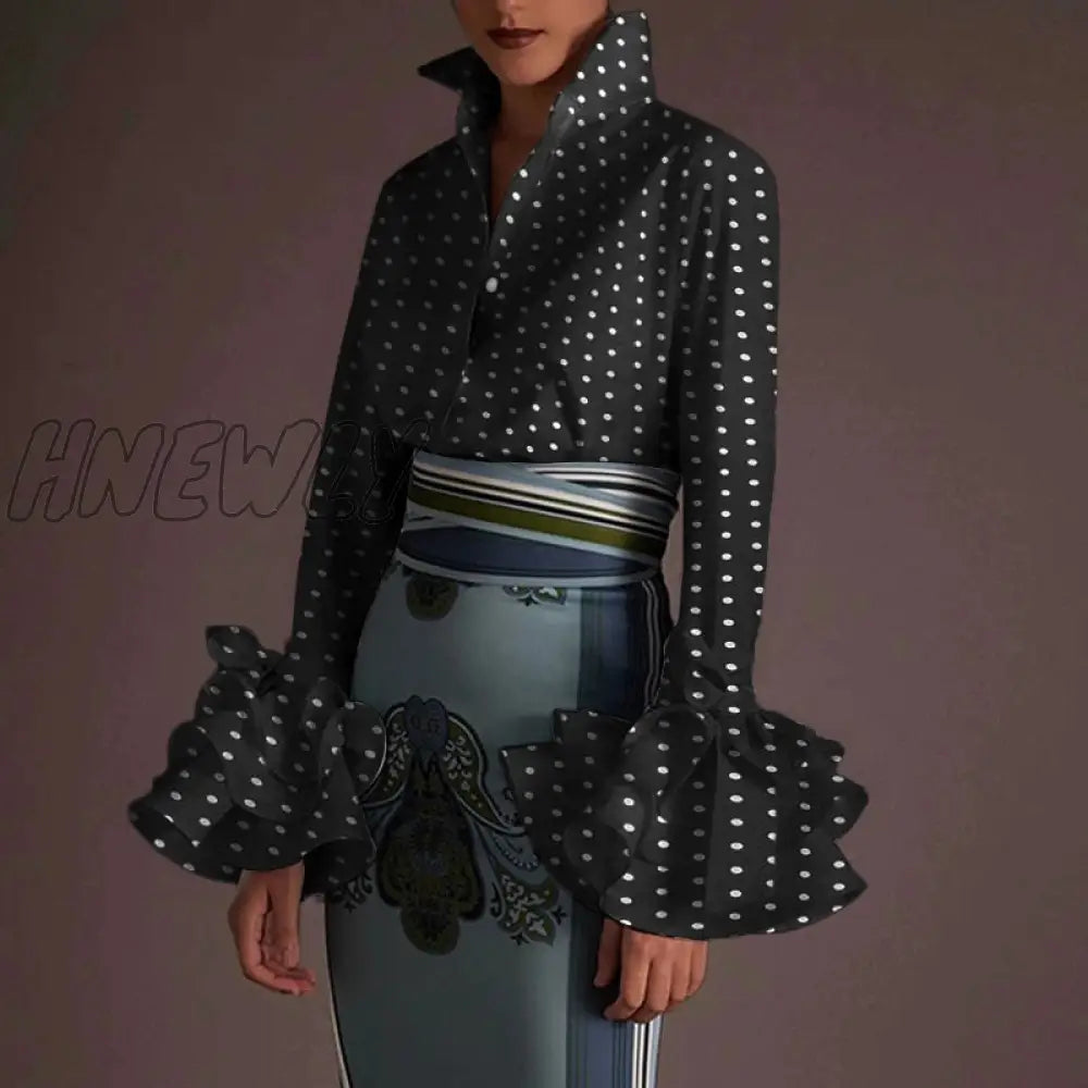 Hnewly New Women Shirts Spring Summer Sexy Turn - Down Collar Flare Sleeve Party Tops Office Shirt