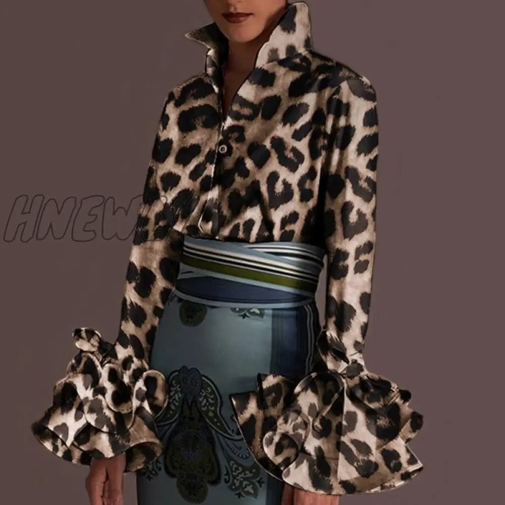 Hnewly New Women Shirts Spring Summer Sexy Turn - Down Collar Flare Sleeve Party Tops Office Shirt