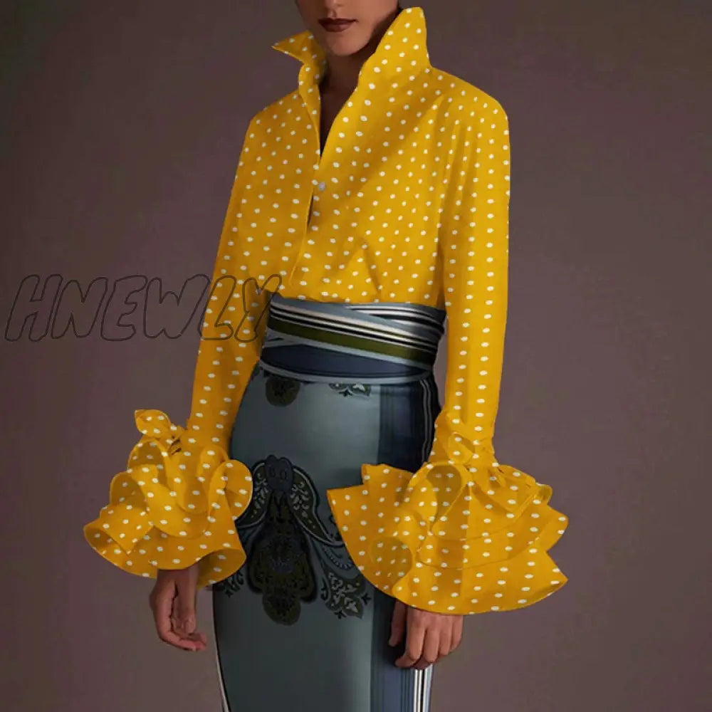 Hnewly New Women Shirts Spring Summer Sexy Turn - Down Collar Flare Sleeve Party Tops Office Shirt