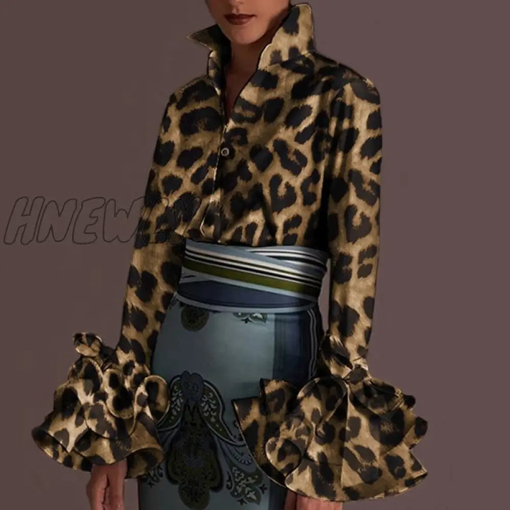 Hnewly New Women Shirts Spring Summer Sexy Turn - Down Collar Flare Sleeve Party Tops Office Shirt