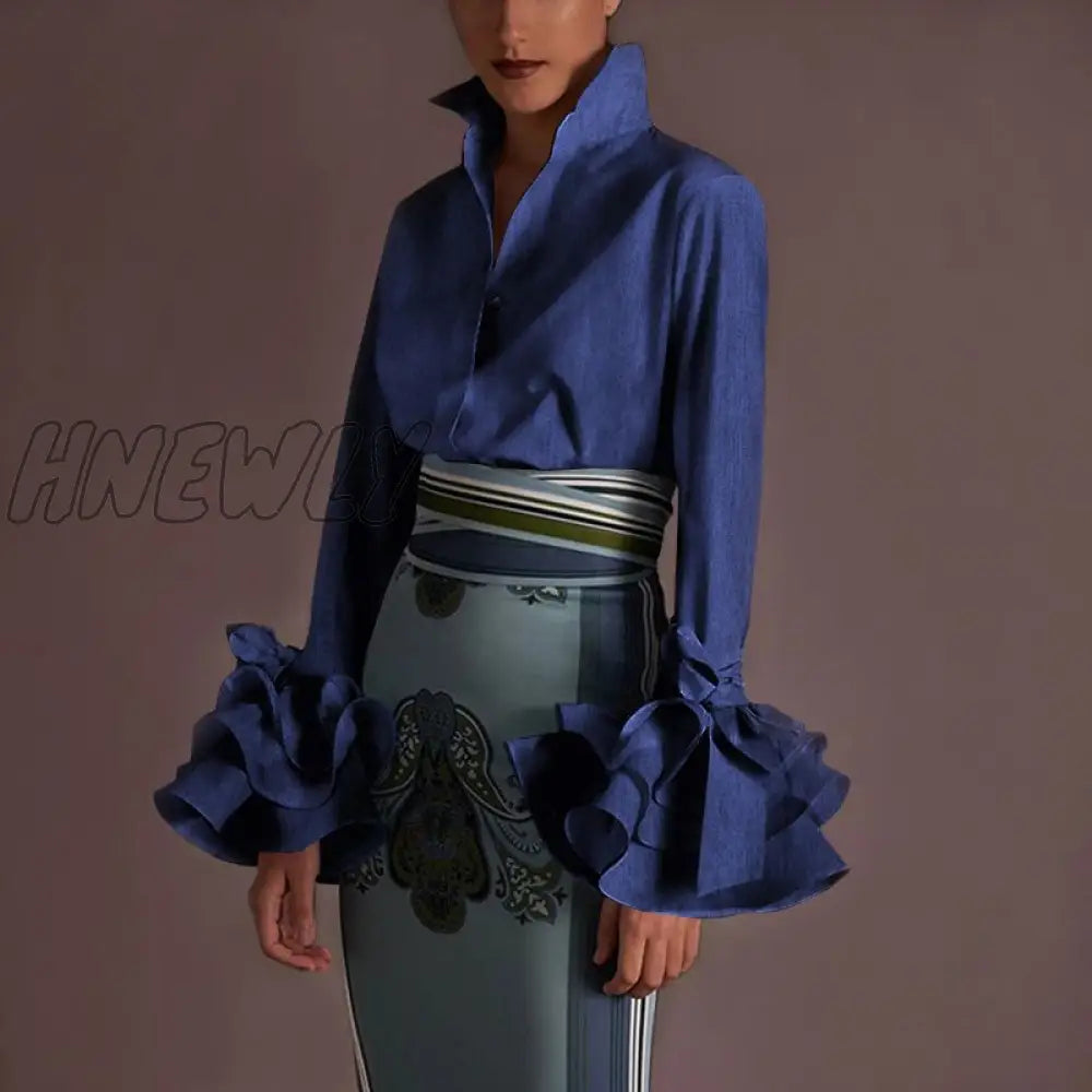 Hnewly New Women Shirts Spring Summer Sexy Turn - Down Collar Flare Sleeve Party Tops Office Shirt