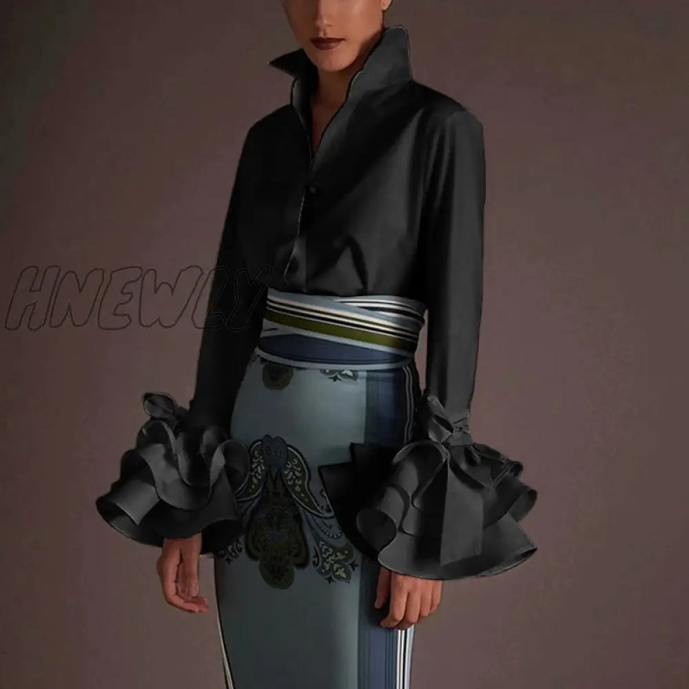 Hnewly New Women Shirts Spring Summer Sexy Turn - Down Collar Flare Sleeve Party Tops Office Shirt