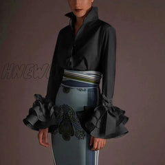Hnewly New Women Shirts Spring Summer Sexy Turn - Down Collar Flare Sleeve Party Tops Office Shirt