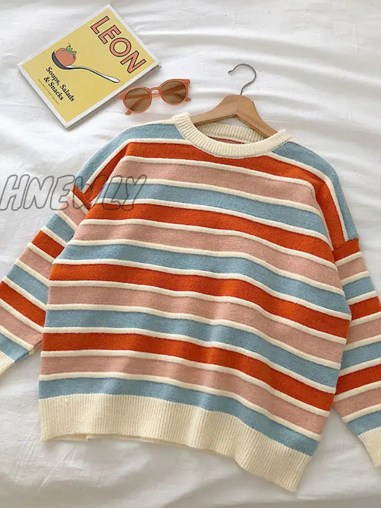 Hnewly New Women Stripe Sweater Autumn Winter Loose Long Sleeve Pullover Tops Korean Ladies Knitted
