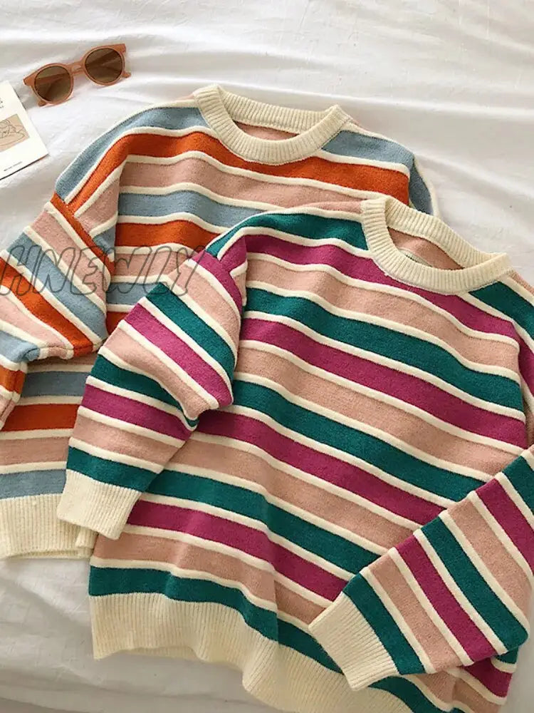 Hnewly New Women Stripe Sweater Autumn Winter Loose Long Sleeve Pullover Tops Korean Ladies Knitted