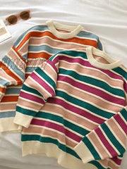 Hnewly New Women Stripe Sweater Autumn Winter Loose Long Sleeve Pullover Tops Korean Ladies Knitted