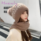 Hnewly New Women Winter Warm Beanies Hat Scarf set Breathable Rabbit Hair Blend Knitted Hat Scarf for Women warm lining Caps