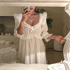 Hnewly New Women’s Lolita Dress White Lace Square Neck Princess Sleepshirts Vintage Ladies