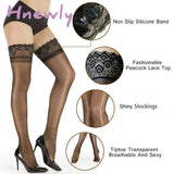 Hnewly Non Slip Silicone Stocking Women's Fashionable Peacock Lace Top Shiny Stockings Tiptoe Transparent Breathable and Sexy Hosiery