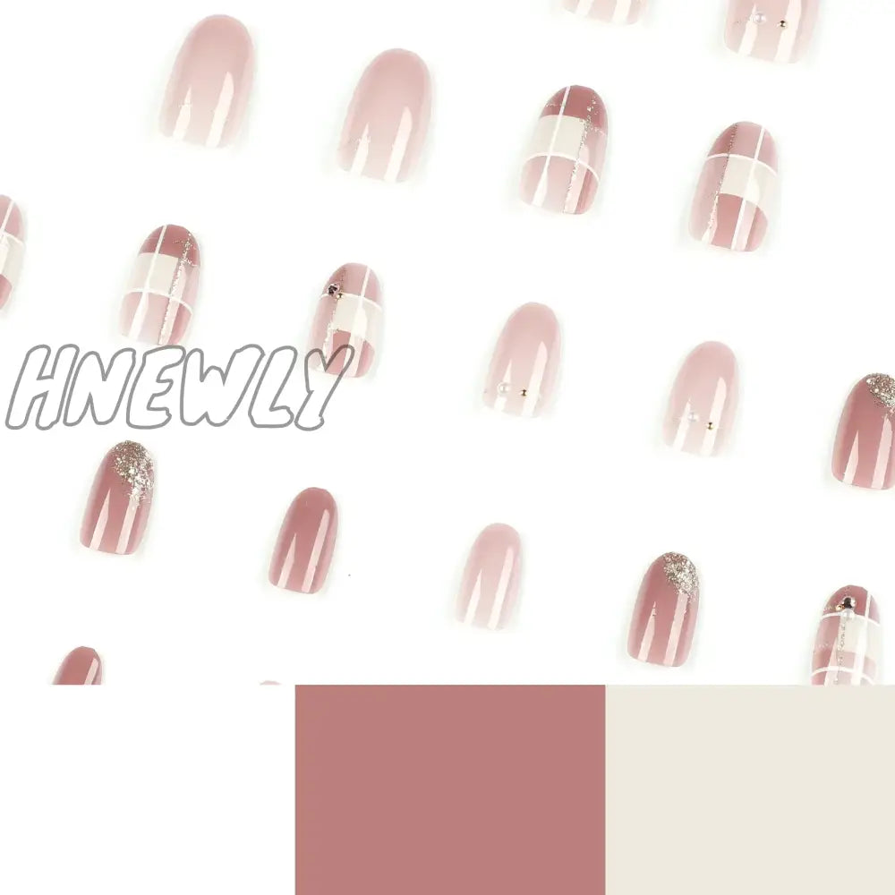 Hnewly Nude Pink Wearable Nail Tip Art Glitter Powder Pearl Rhinestones Fake Full Finished False