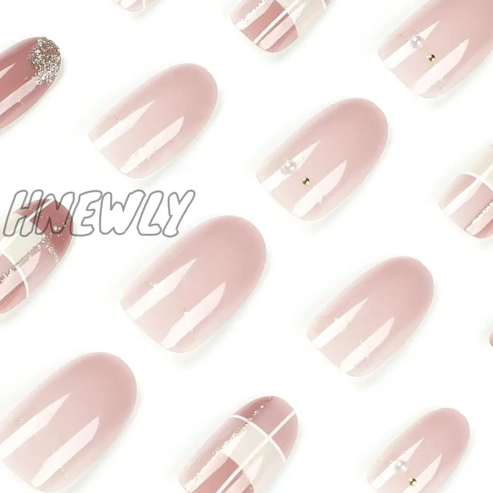 Hnewly Nude Pink Wearable Nail Tip Art Glitter Powder Pearl Rhinestones Fake Full Finished False