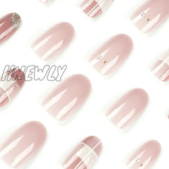 Hnewly Nude Pink Wearable Nail Tip Art Glitter Powder Pearl Rhinestones Fake Full Finished False