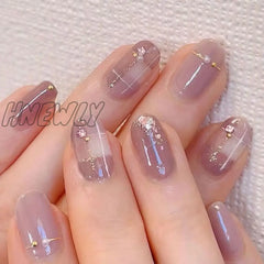 Hnewly Nude Pink Wearable Nail Tip Art Glitter Powder Pearl Rhinestones Fake Full Finished False