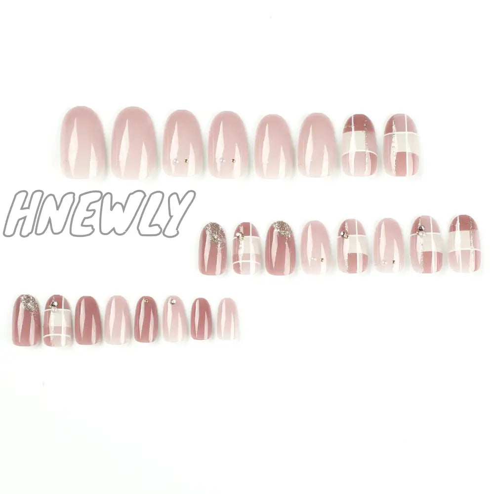 Hnewly Nude Pink Wearable Nail Tip Art Glitter Powder Pearl Rhinestones Fake Full Finished False