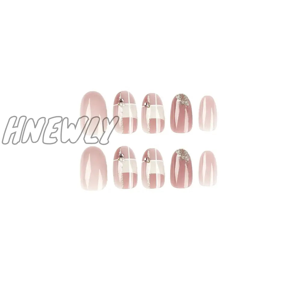 Hnewly Nude Pink Wearable Nail Tip Art Glitter Powder Pearl Rhinestones Fake Full Finished False