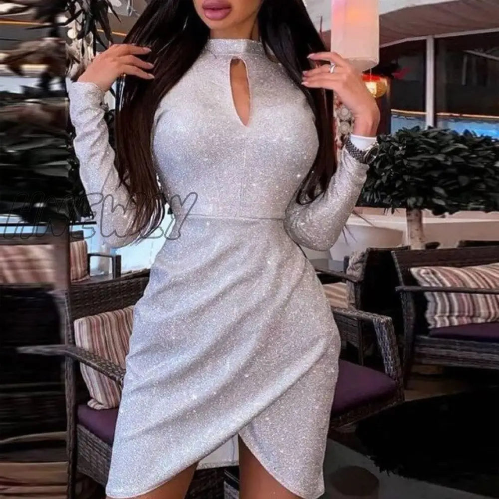 Hnewly Nye Outfits Fashion Club Glitter Bodycon Dress Lady Sexy Hollow Bright Silk Party Office