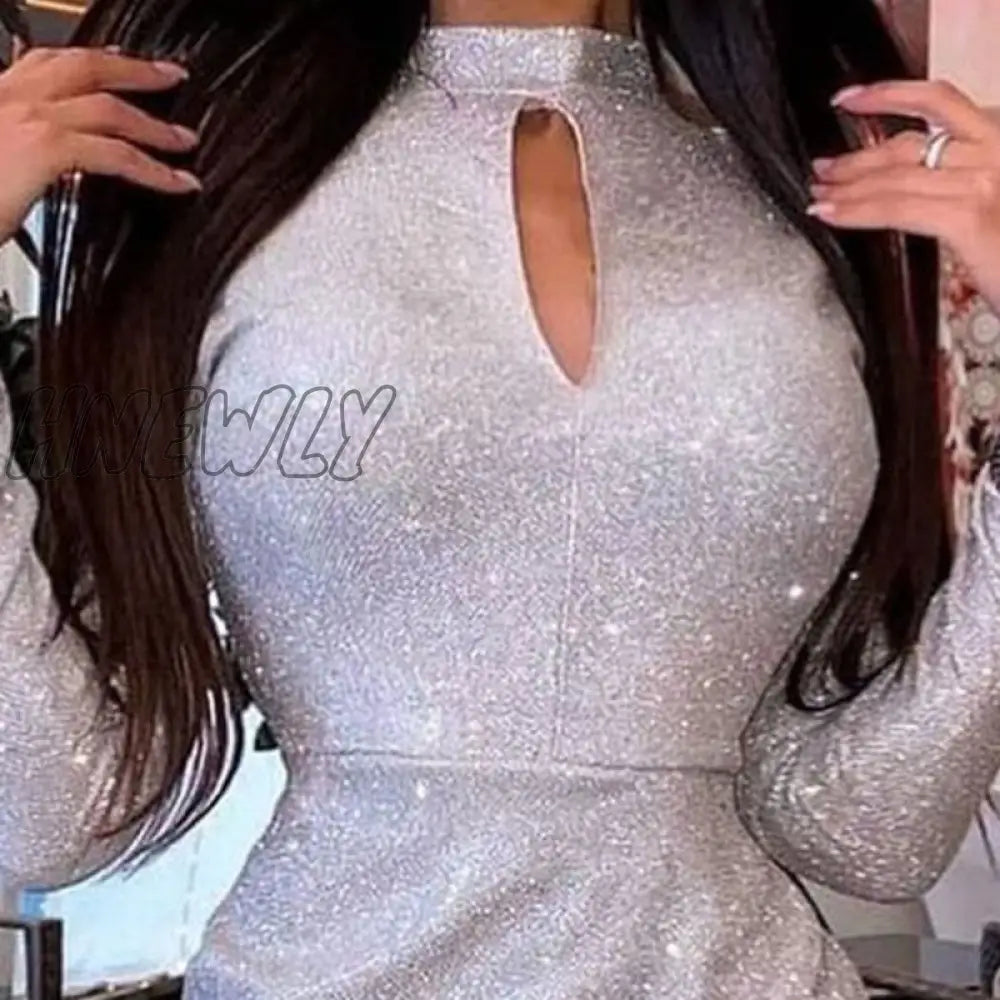 Hnewly Nye Outfits Fashion Club Glitter Bodycon Dress Lady Sexy Hollow Bright Silk Party Office