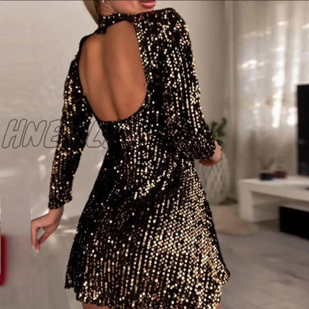 Hnewly Nye Outfits Fashion Club Glitter Bodycon Dress Lady Sexy Hollow Bright Silk Party Office