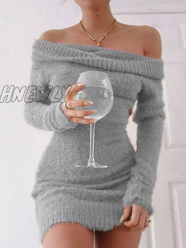 Hnewly Off Shoulder Women Sweater Bodycon Dress Sexy French Knitted Long Sleeve Pink Y2K Vintage