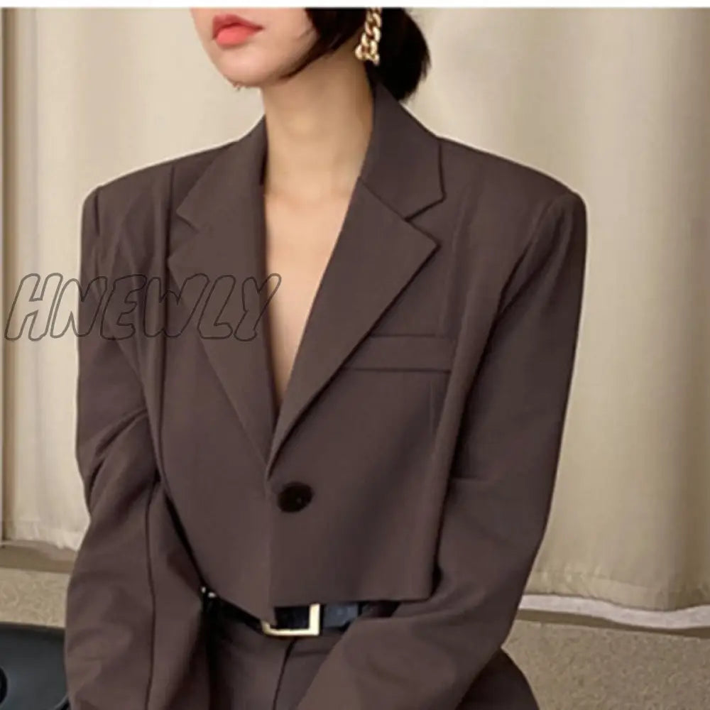 Hnewly Office Lady Blazer Suits Vintage Two Piece Set Women Long Sleeve Short + High Waist Wide Leg