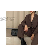 Hnewly Office Lady Blazer Suits Vintage Two Piece Set Women Long Sleeve Short + High Waist Wide Leg