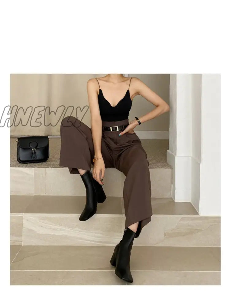 Hnewly Office Lady Blazer Suits Vintage Two Piece Set Women Long Sleeve Short + High Waist Wide Leg