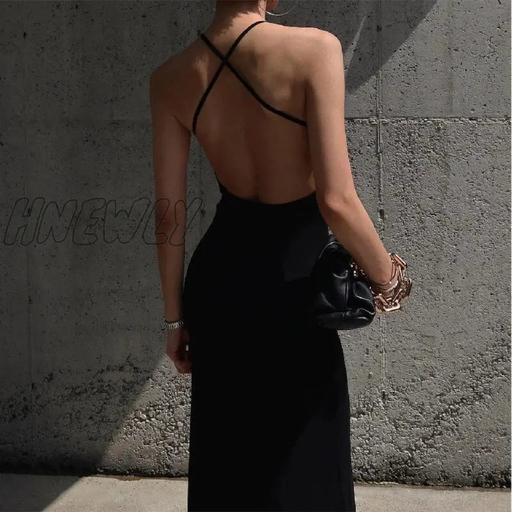 Hnewly Open Back Backless Dress Black Slip Split Maxi Summer Sundress Vacation Holiday Outfits