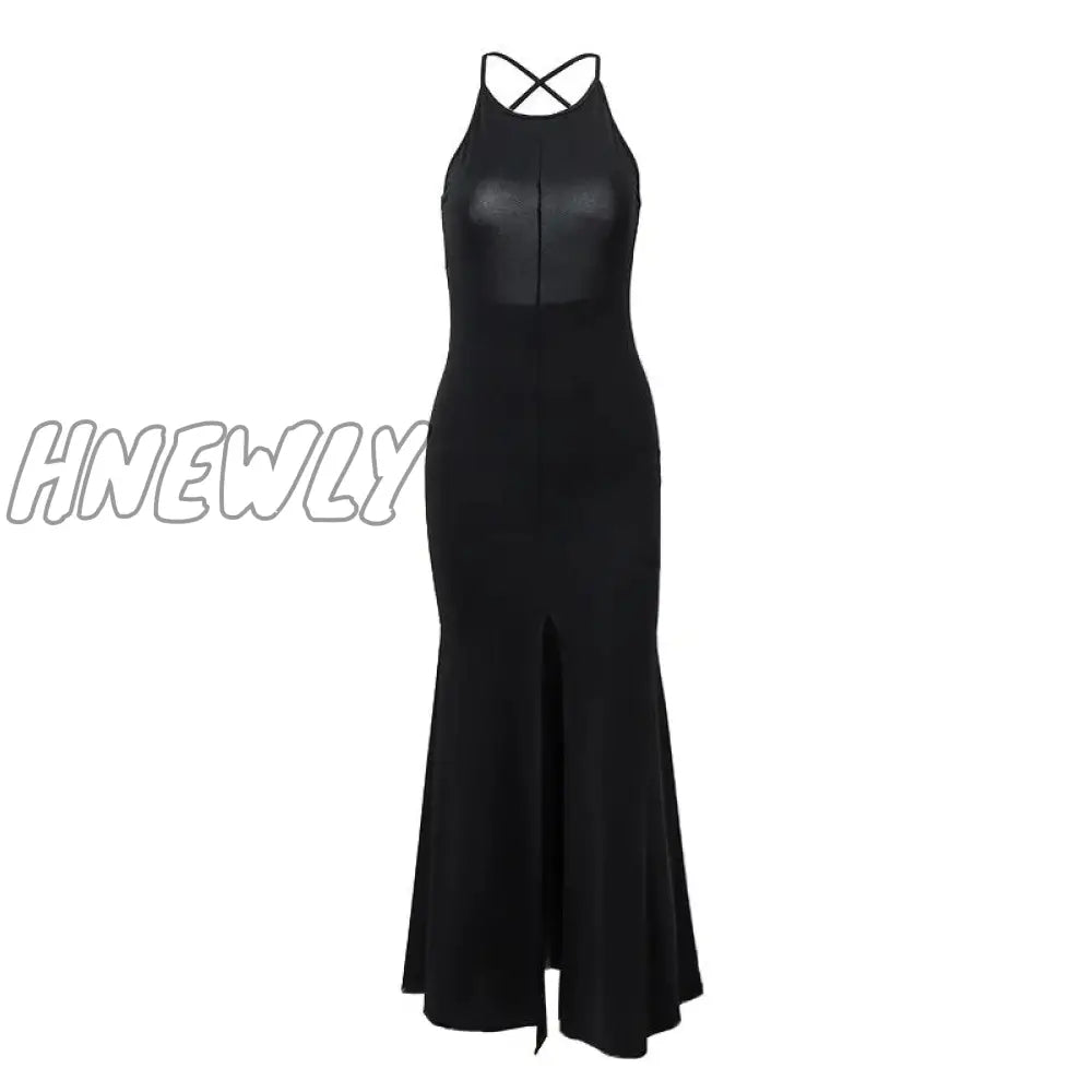 Hnewly Open Back Backless Dress Black Slip Split Maxi Summer Sundress Vacation Holiday Outfits