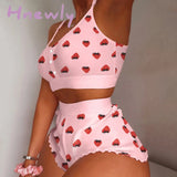 Hnewly Pajamas for Women Women's 2 Pieces Kawaii Strawberry Print Frill Hem Cami Pajama Set Femme Cute Crop Top & Shorts Suits Lady Sleepwear Y2k