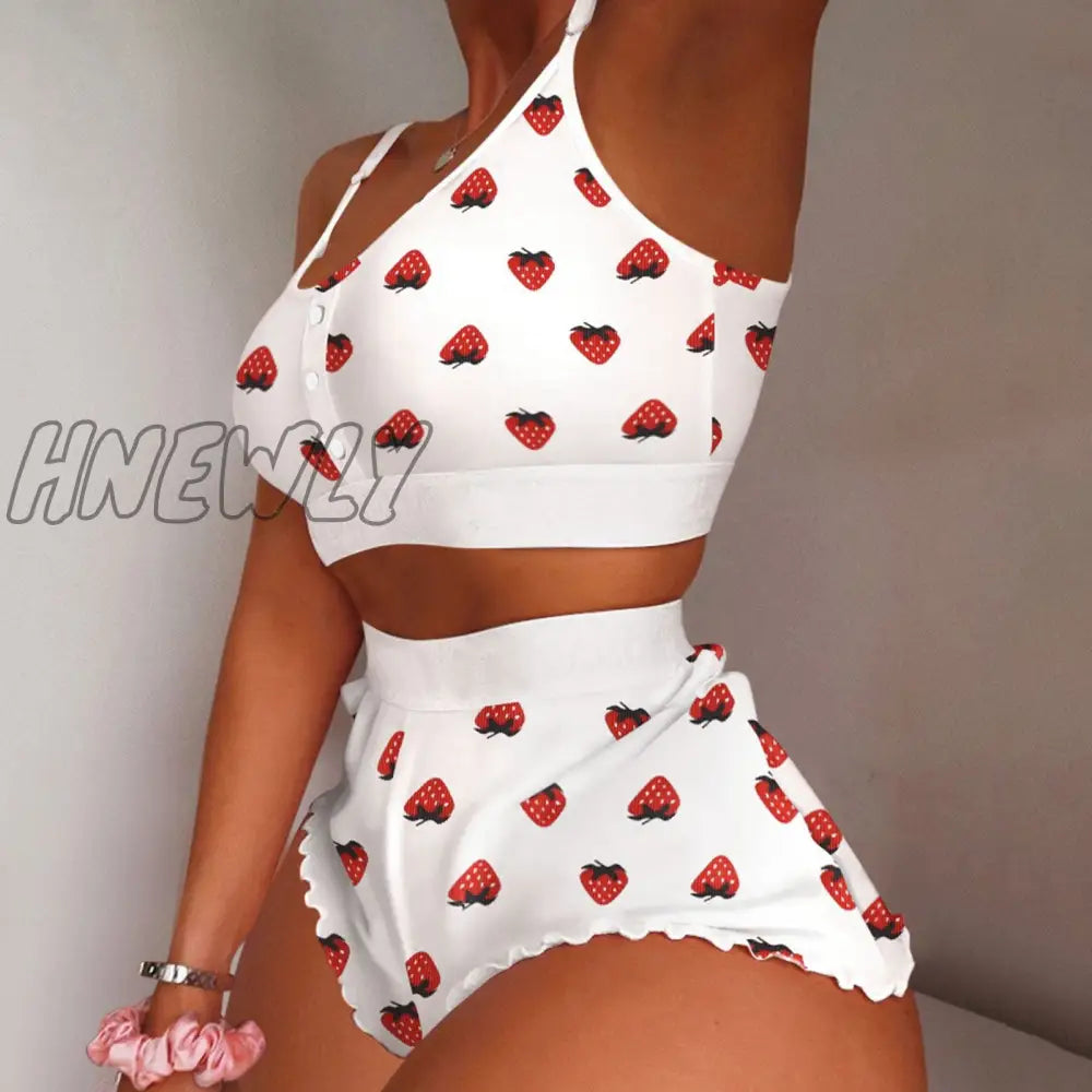 Hnewly Pajamas For Women Women’s 2 Pieces Kawaii Strawberry Print Frill Hem Cami Pajama Set