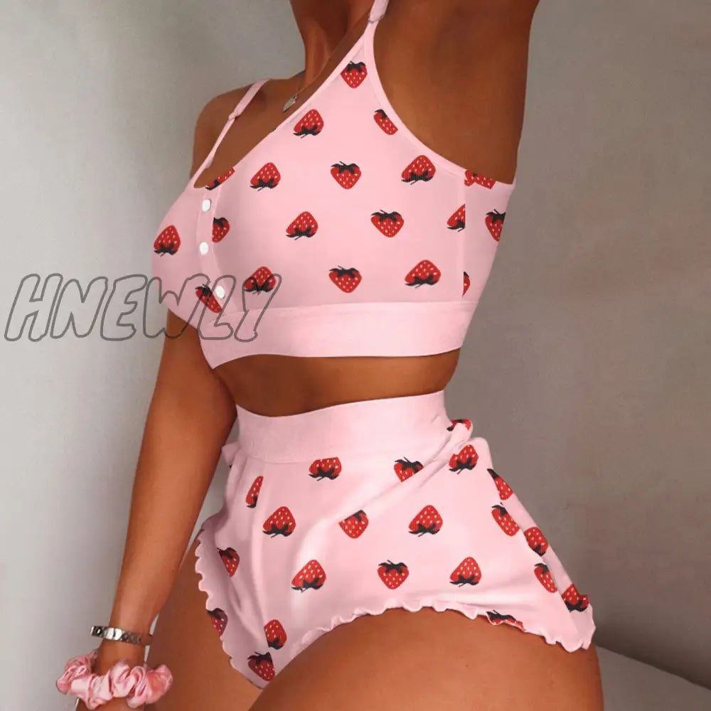 Hnewly Pajamas For Women Women’s 2 Pieces Kawaii Strawberry Print Frill Hem Cami Pajama Set