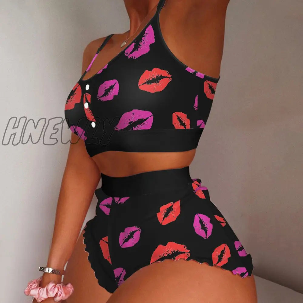 Hnewly Pajamas For Women Women’s 2 Pieces Kawaii Strawberry Print Frill Hem Cami Pajama Set