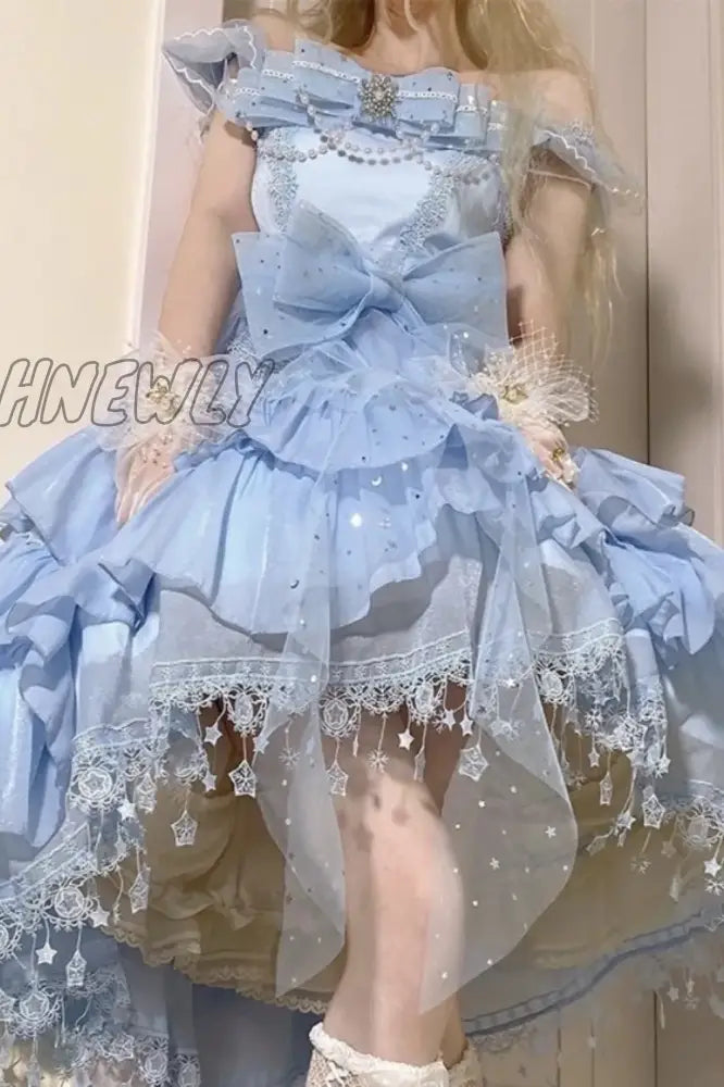 Hnewly Palace Ball Cosplay Elegant Flower Wedding Sweet Girl Lolita Op Bow Pearl Snowflake High