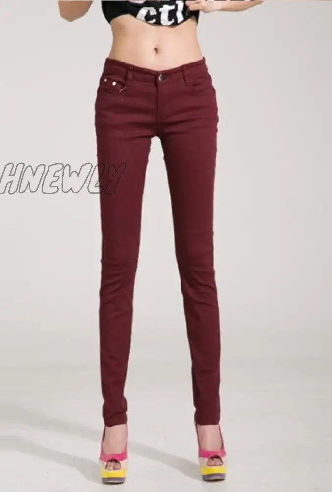 Hnewly Pants Women Elastic Pencil Jeans Candy Colored Mid Waist Zipper Slim Fit Skinny Full Length